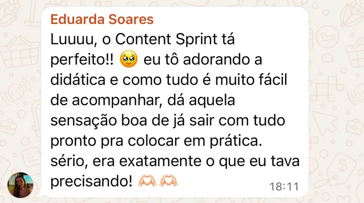 print de whatsapp: eduarda soares elogia a didática e diz que era exatamente o que precisava